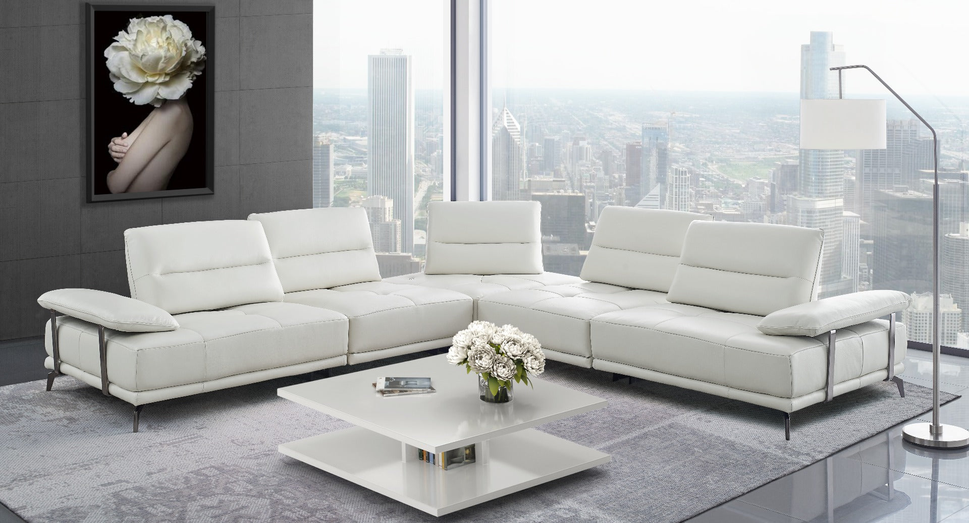 Eleganto 5 pc Sectional with Power Motion Backrests, Alabaster Leather
