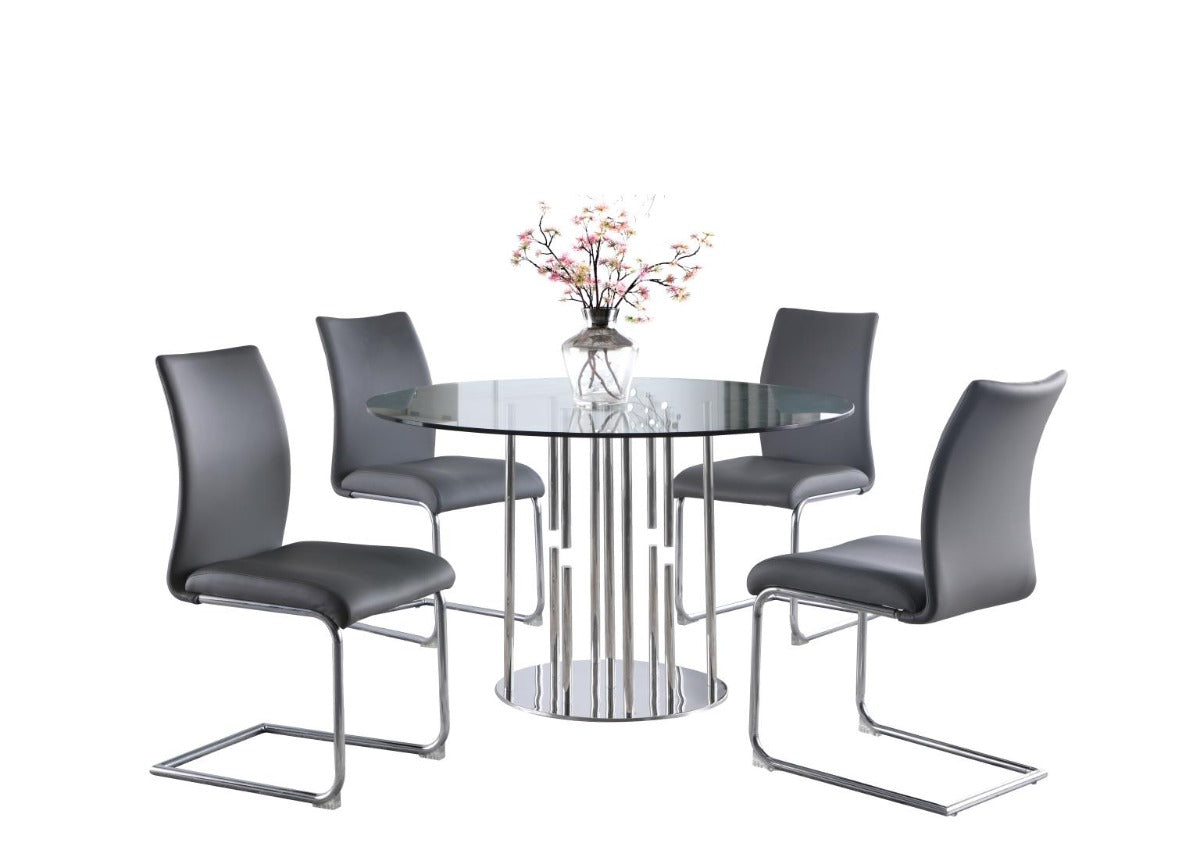 Chintaly Jane 5-Piece Dining Set with Contemporary Round Glass Table & Modern Contour-Back Chairs