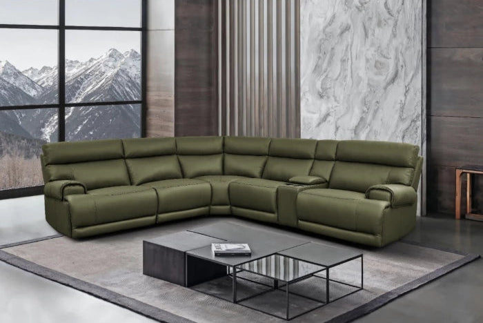 Baron 6-Piece Leather Modular Sectional with Power Recliners, Dark Olive