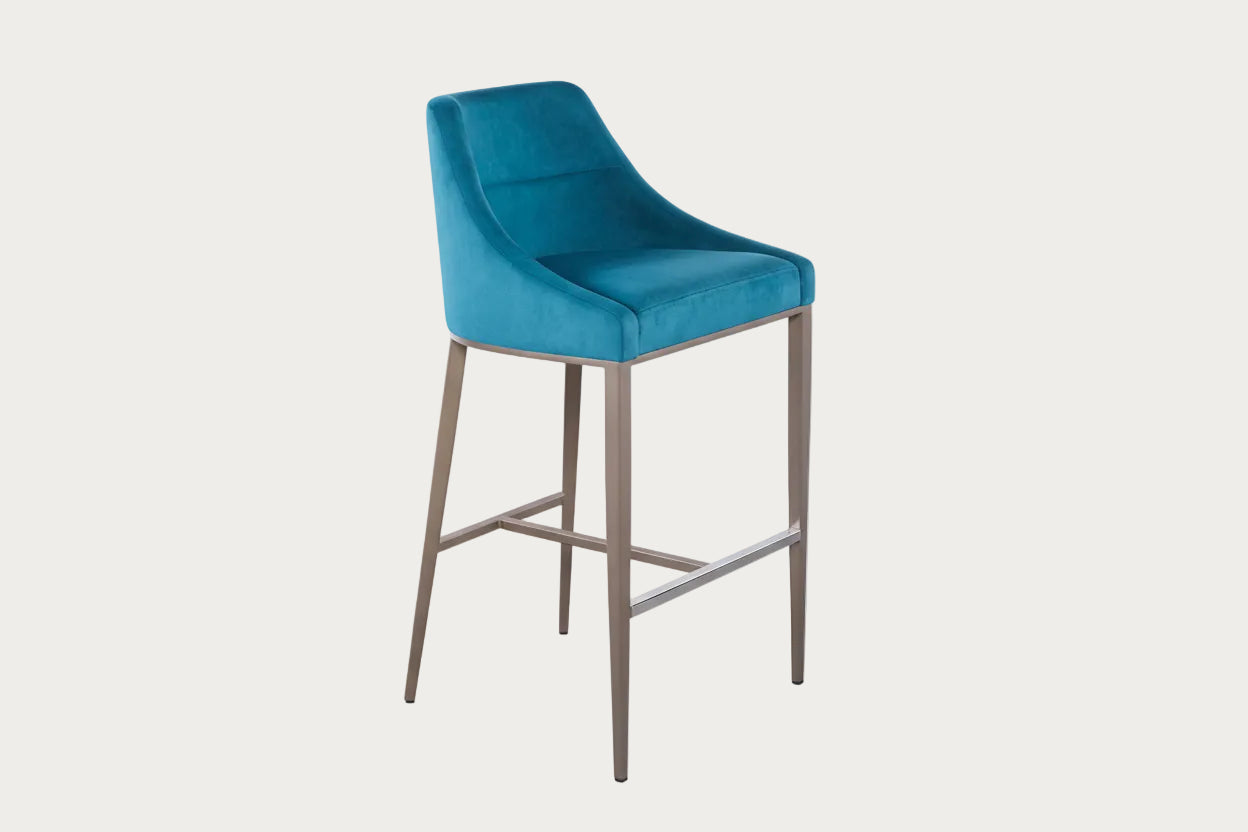 Senna blue bar stool with metal legs on a white background.