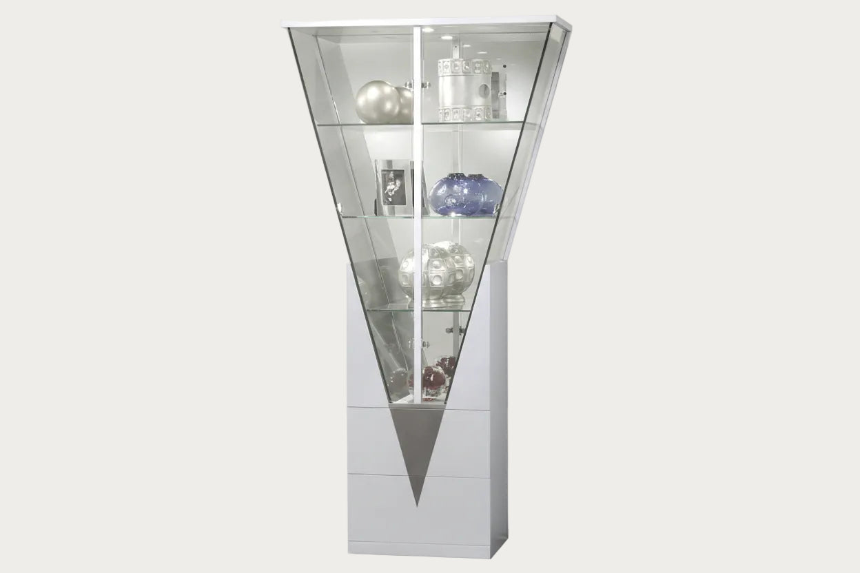 6625 Curio tall glass display cabinet with various decorative items on a white background