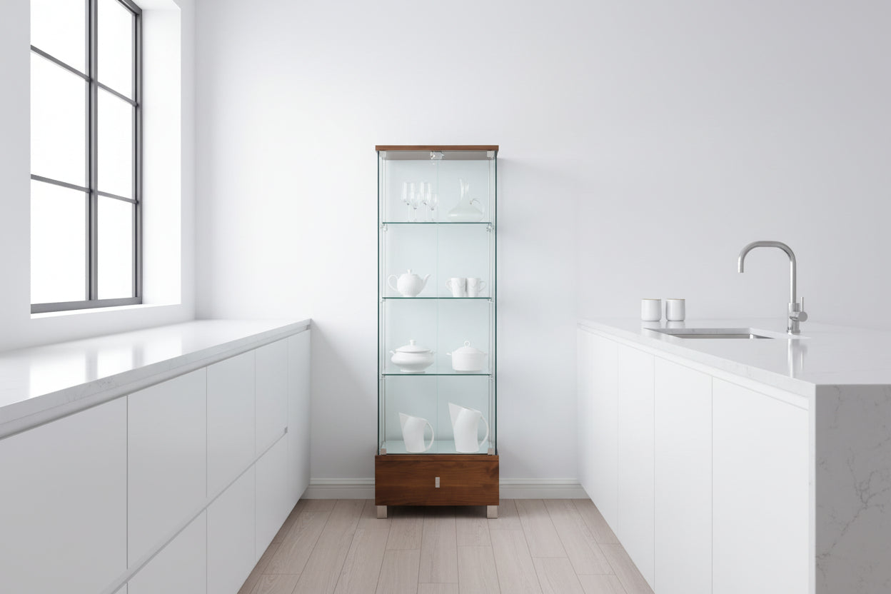 6628 Glass Curio with Walnut Veneer Base and Top