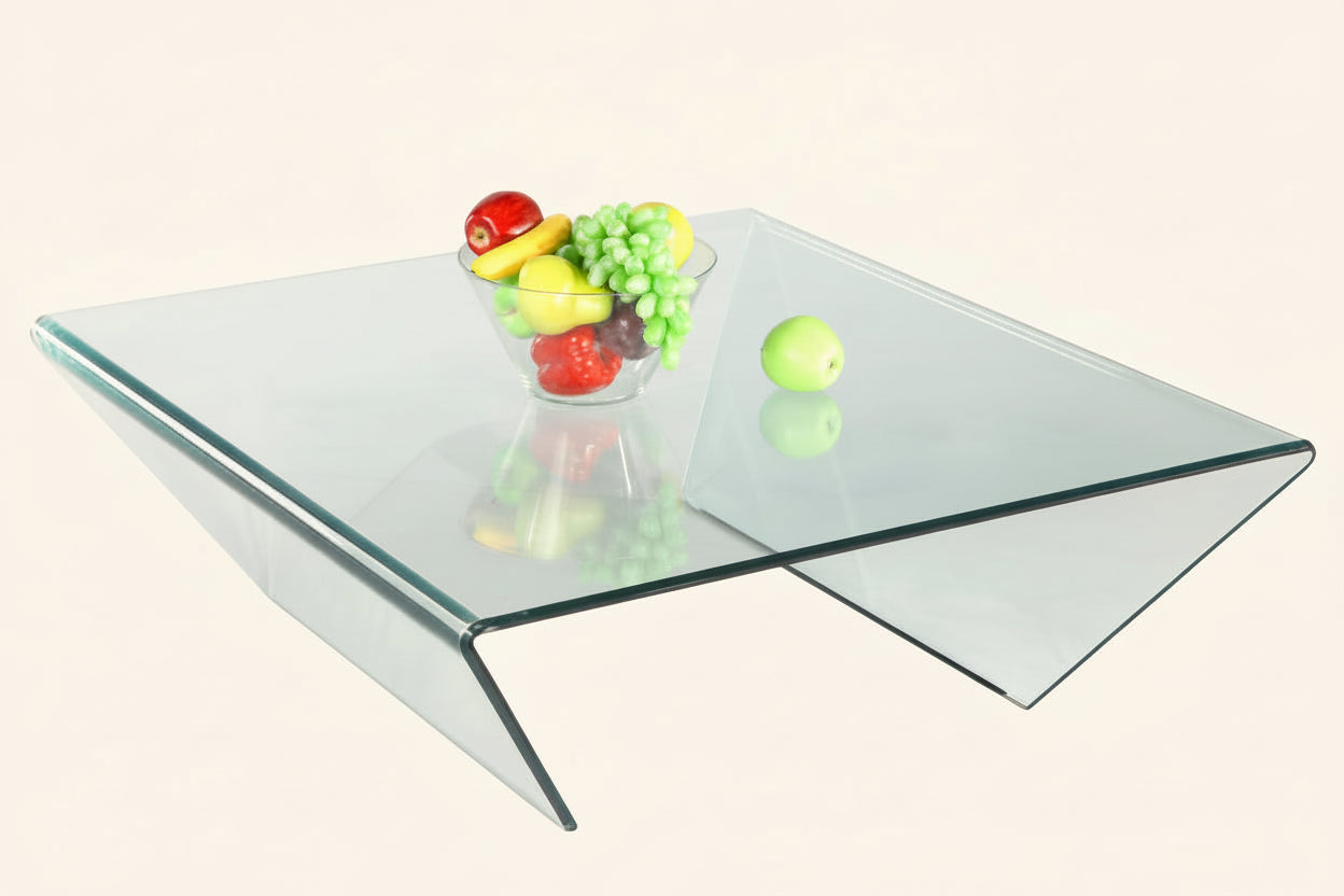 72102 clear glass coffee table with colorful fruit decorations on a white background