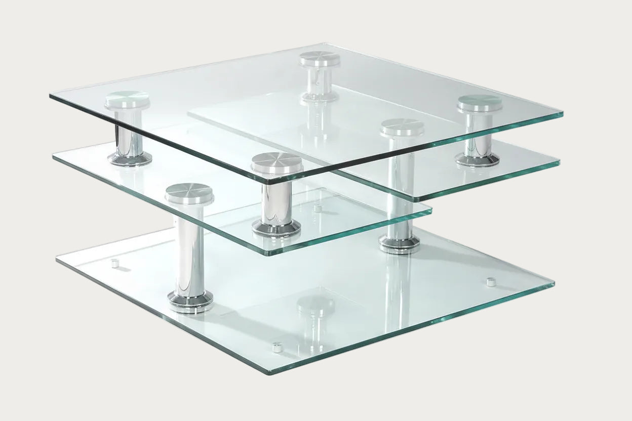 8052 glass coffee table with metal legs on a white background