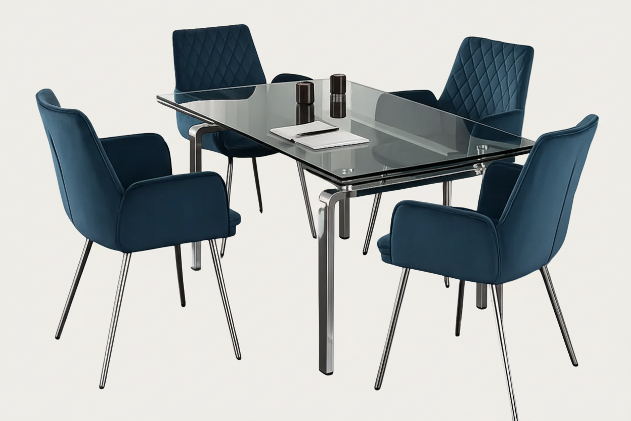Stark extendable dining table with 4 Novel armchairs