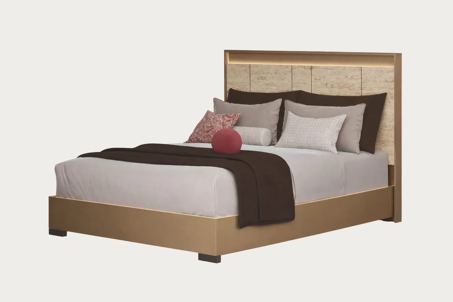 Jo bed with wooden headboard and bedding on a white background.