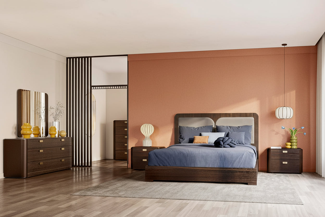 Appia modern bedroom set with wooden furniture and a bed against a brown wall.
