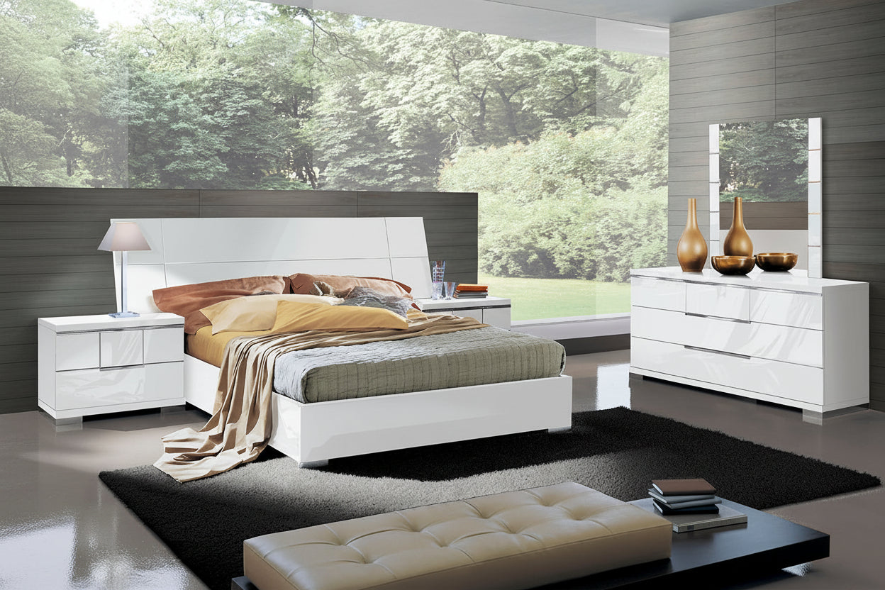 Asti modern bedroom set furniture, including a bed, nightstands, and dresser, in a room with large windows showing greenery.