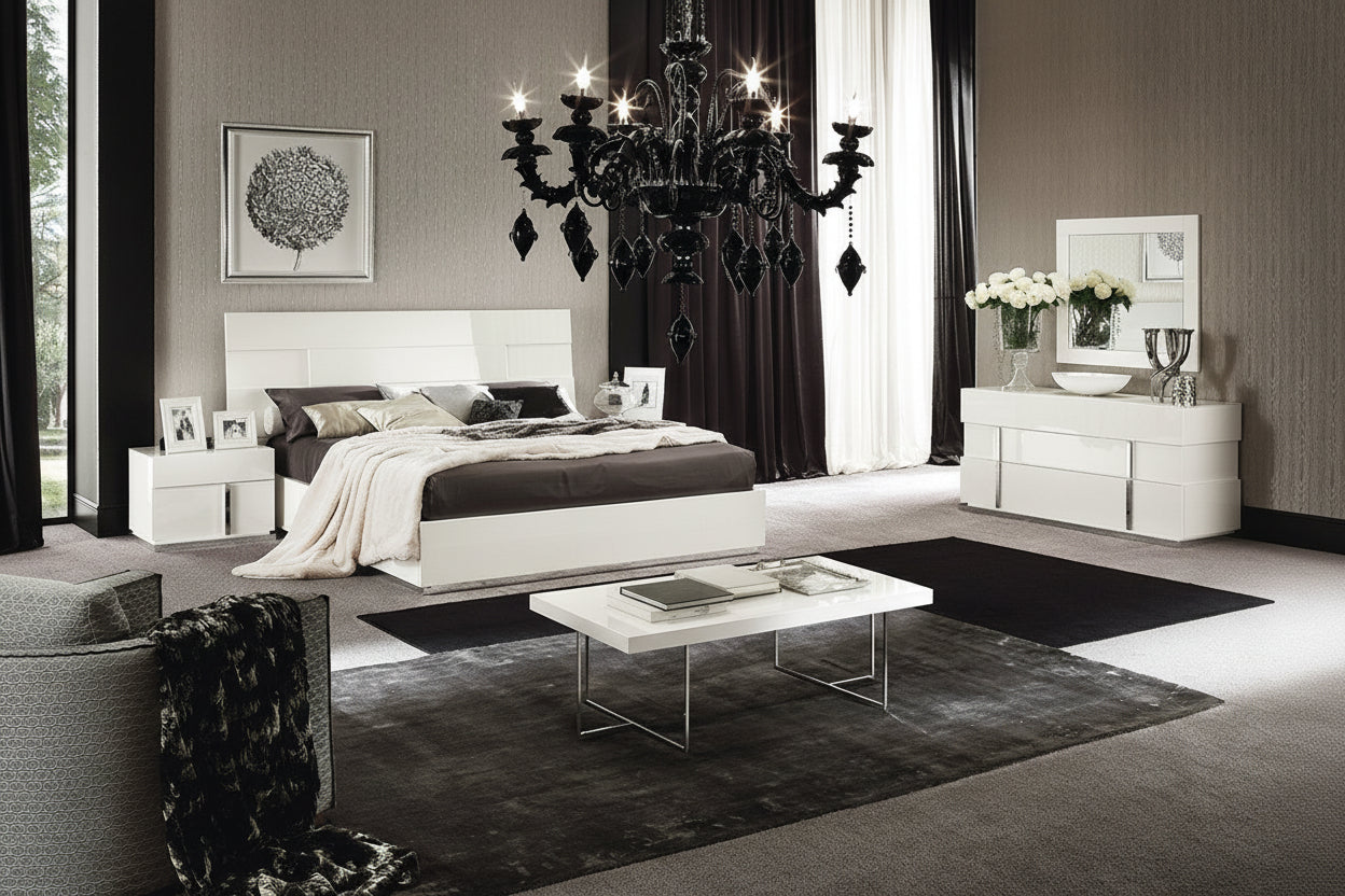 Canova modern bedroom set with black chandelier, white bed, and decorative elements.