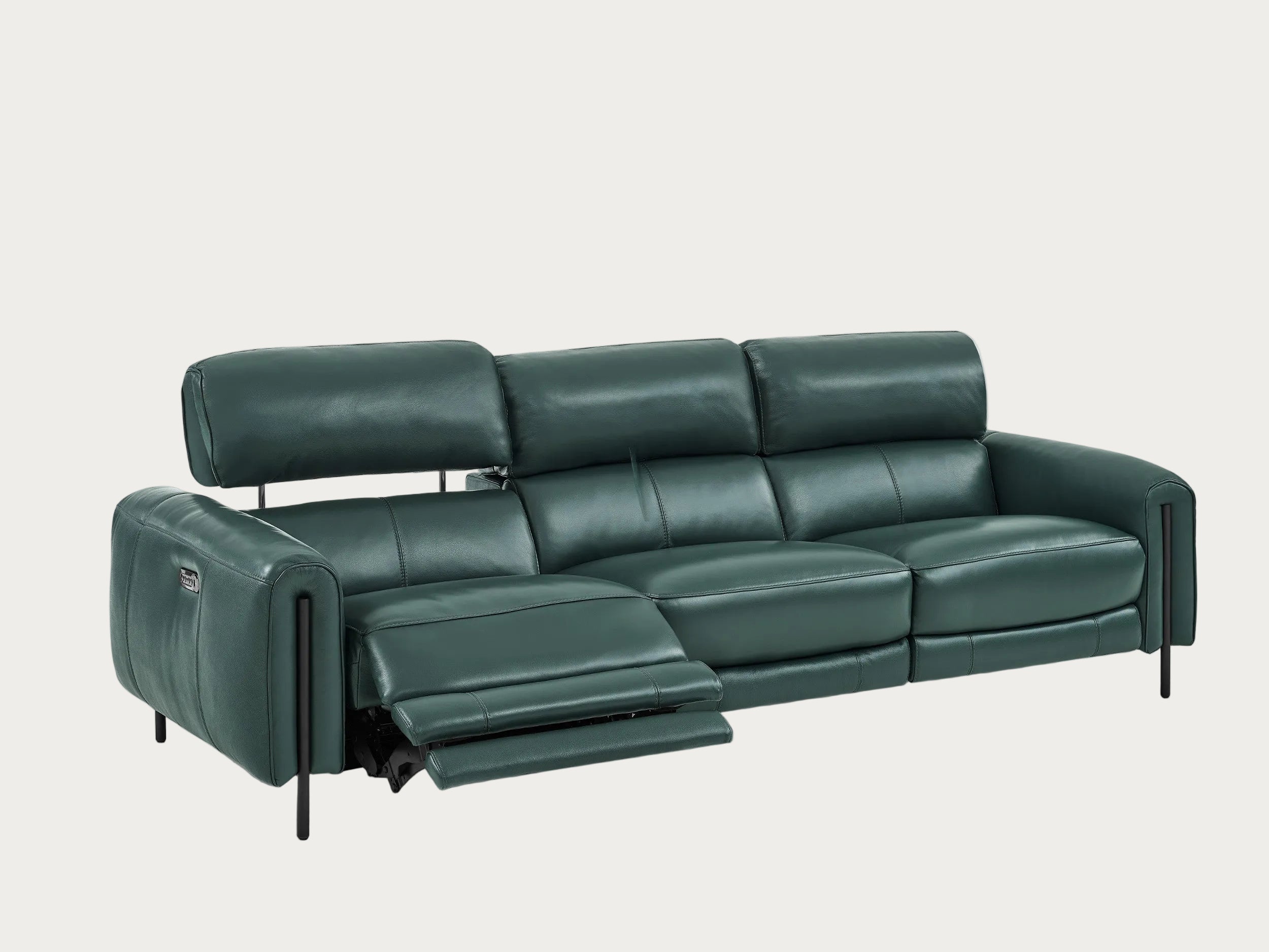 Charm sofa with the recliner upholstered in kelp leather