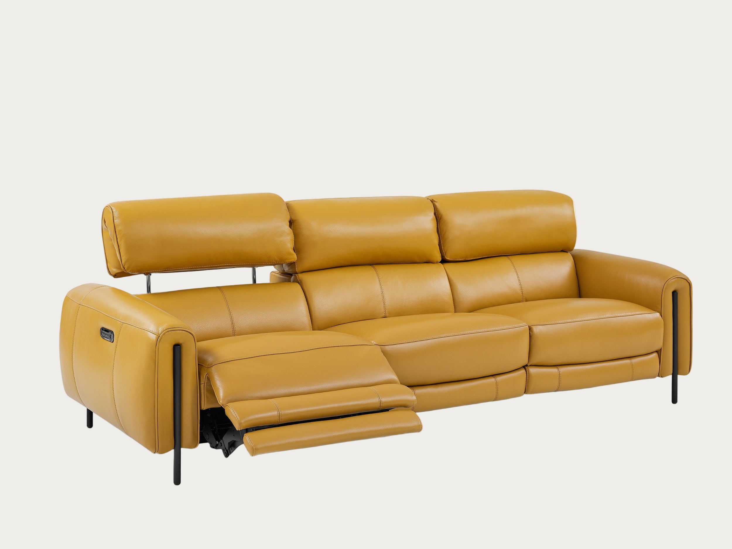 Charm Leather Sofa with Two Recliners, Honey Yellow