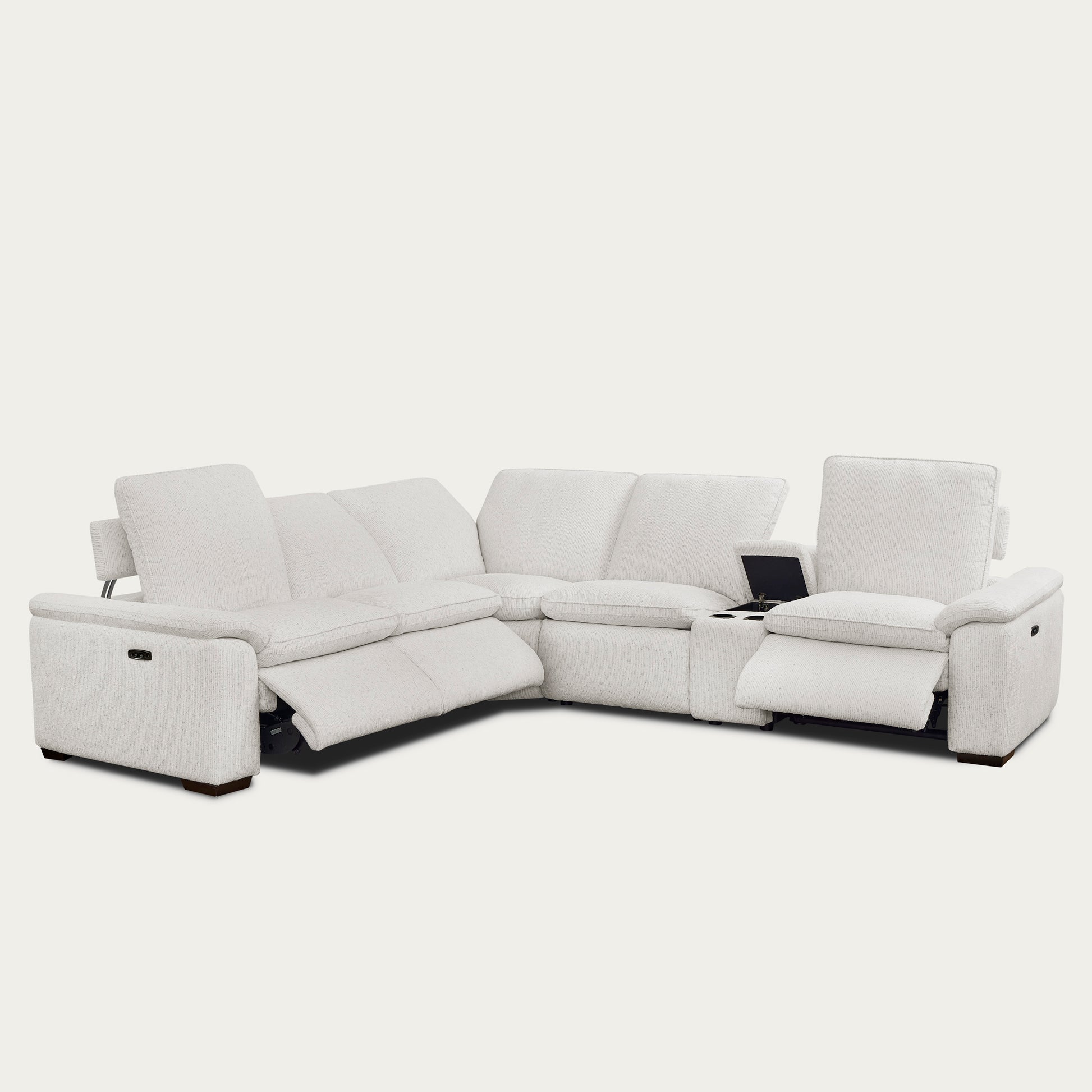 Cloudy white sectional sofa with reclining seats on a white background