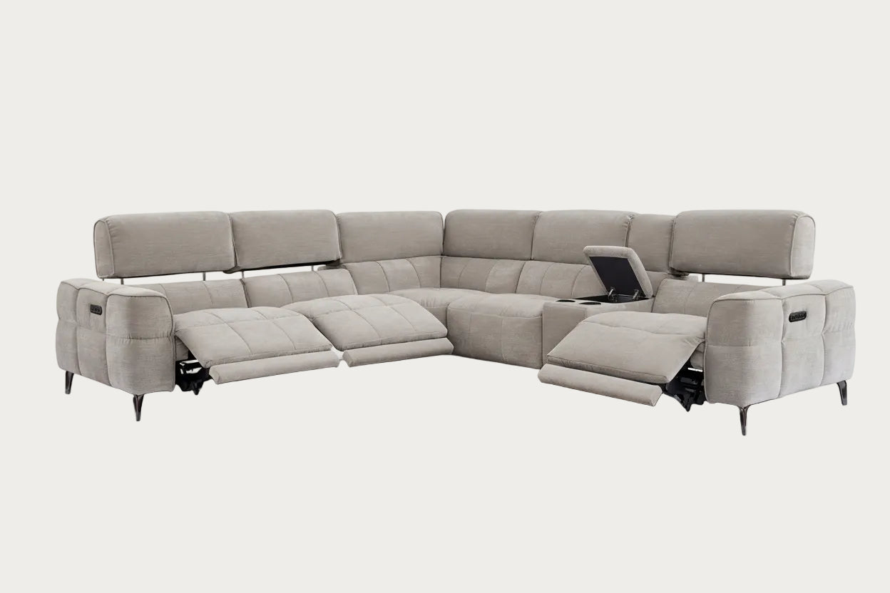 Cubo mist gray sectional sofa with reclining features on a white background