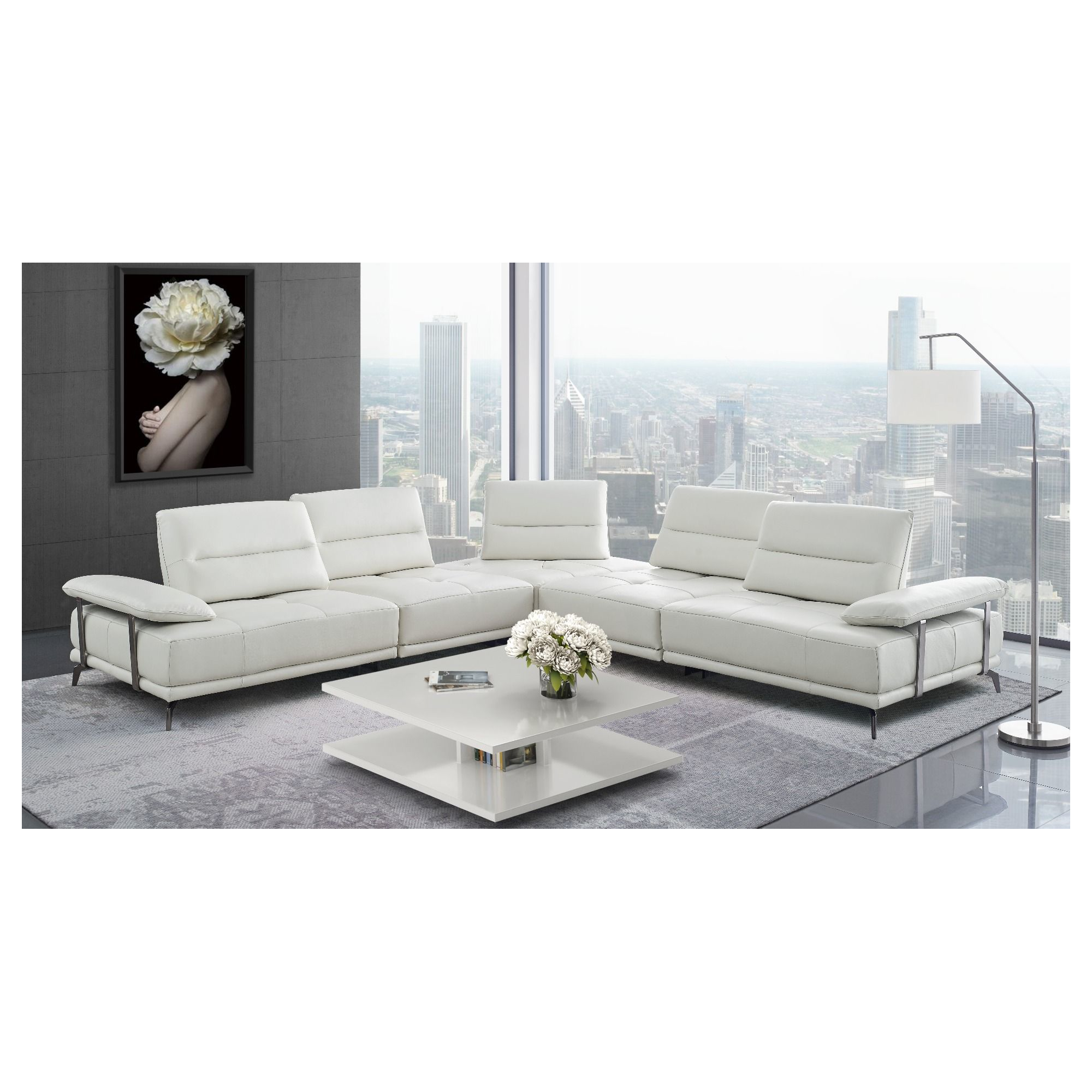 Eleganto 5 pc Sectional with Power Motion Backrests, Alabaster Leather