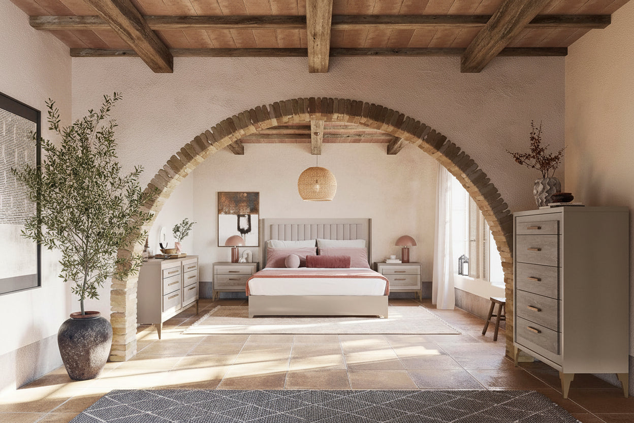The Ellen modern bedroom with archway leading to another room.