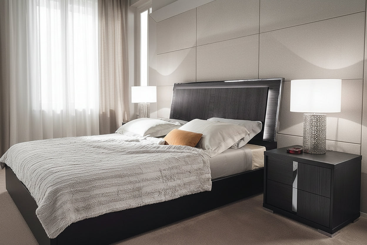 Etna modern bed and nightstand featuring decorative items.