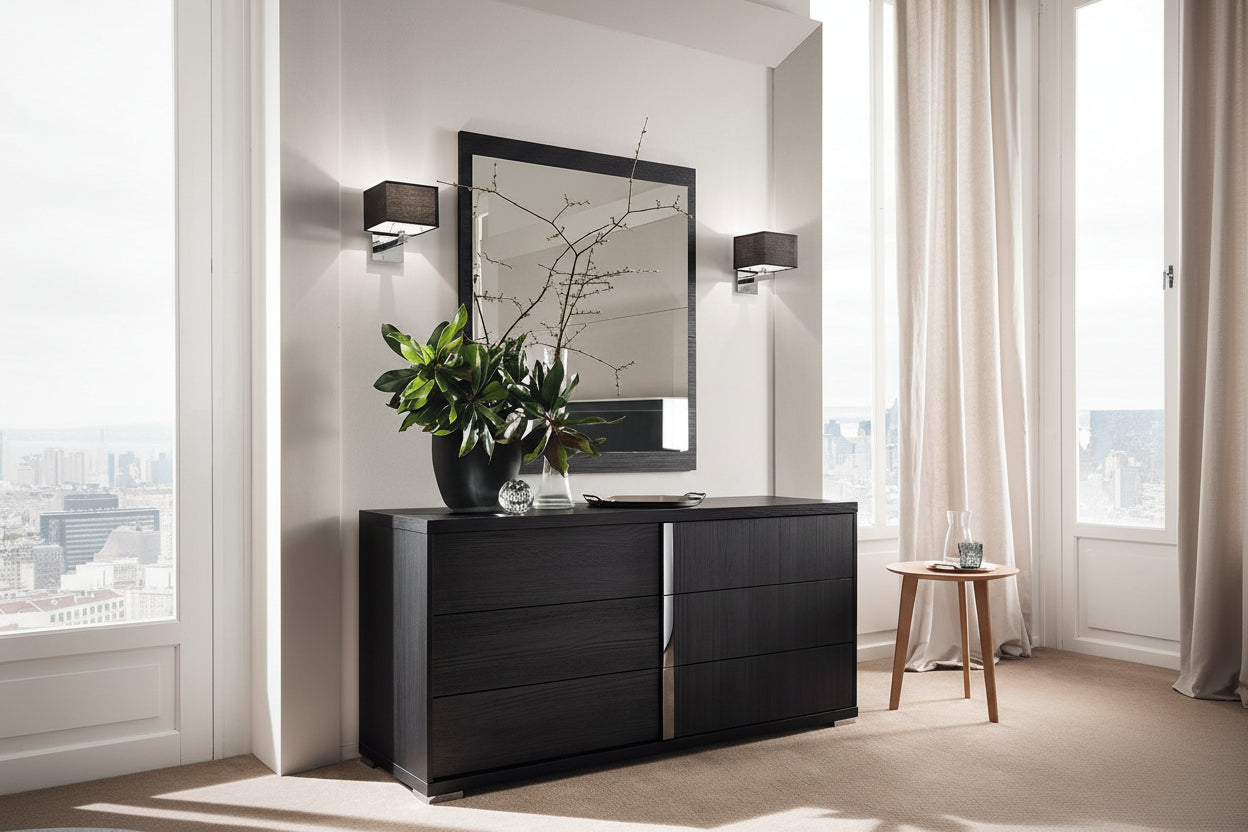 Etna modern black dresser, mirror, and decor elements.