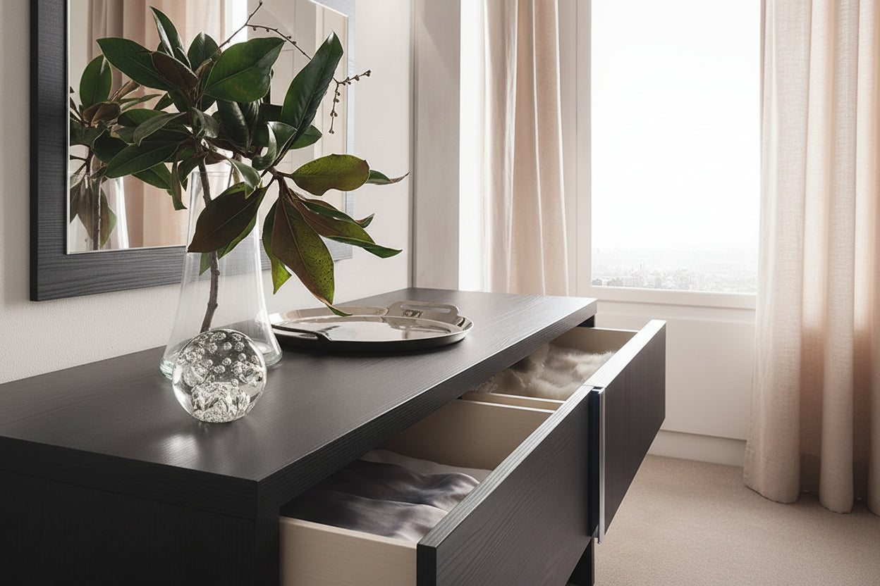 Etna dresser with open drawers.