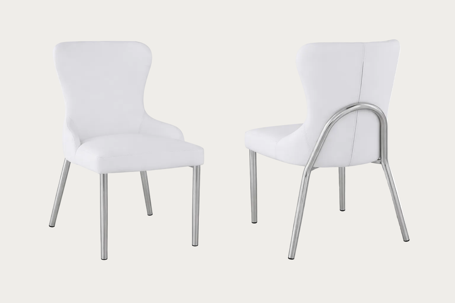 Evelyn two white chairs with metal legs on a white background