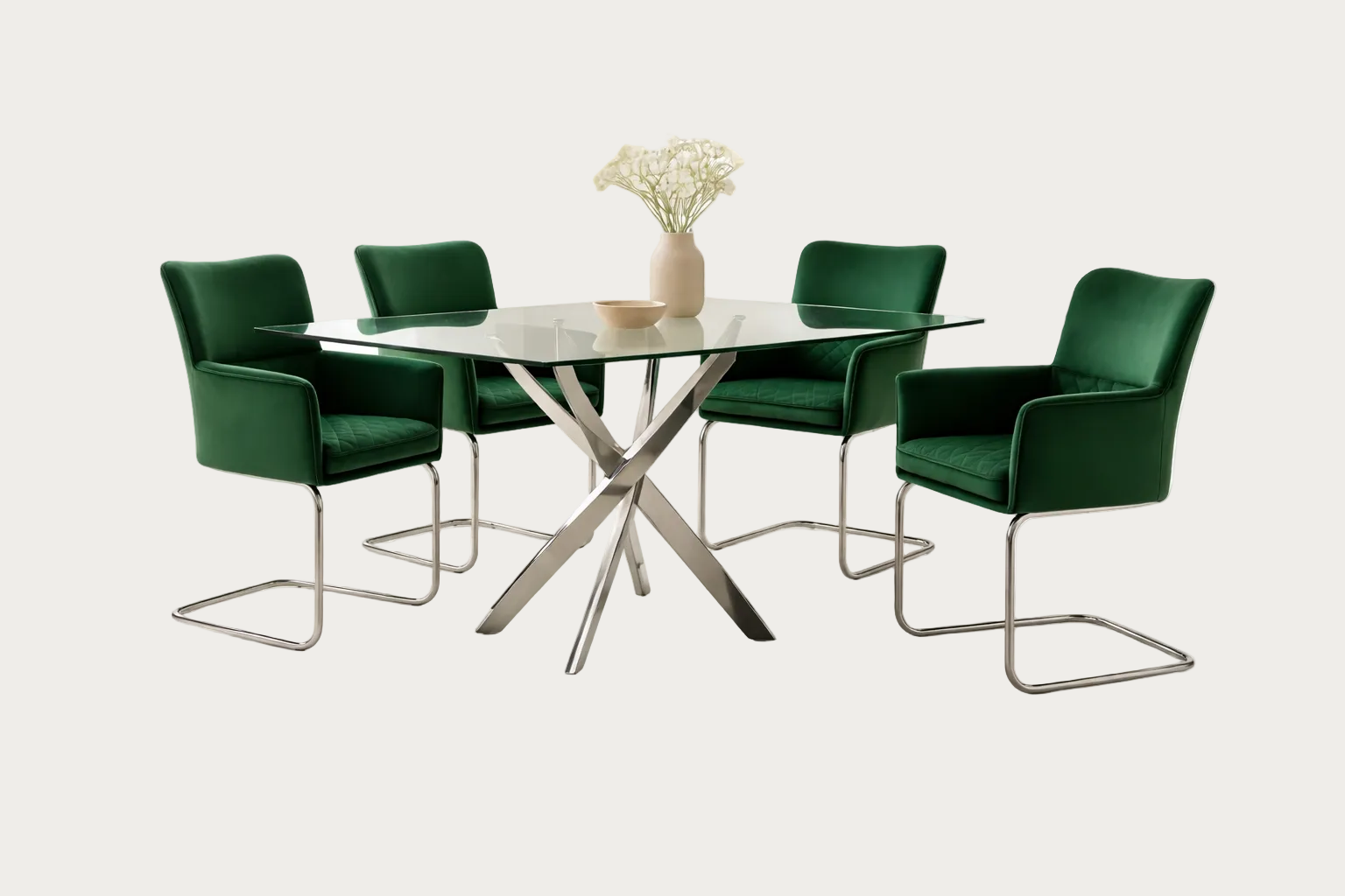 Fabio dining table set with green chairs on a white background.