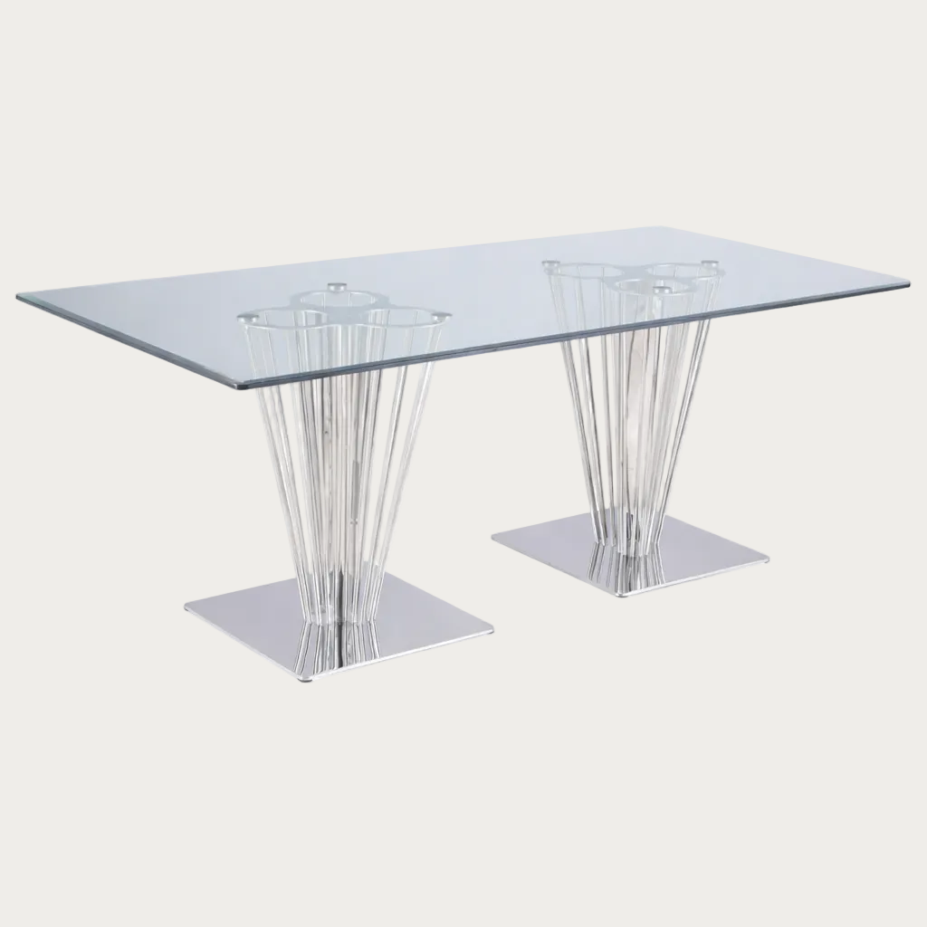 Fernanda glass dining table with metallic base on a white background