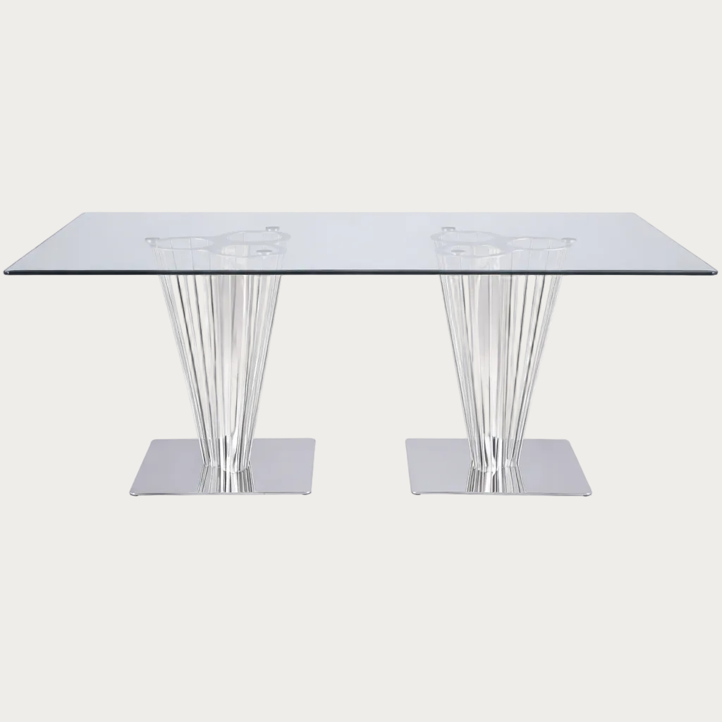 Fernanda glass dining table with metallic legs on a white background