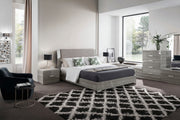 The Iris modern bedroom set with a gray bed, nightstands, and a large mirror.