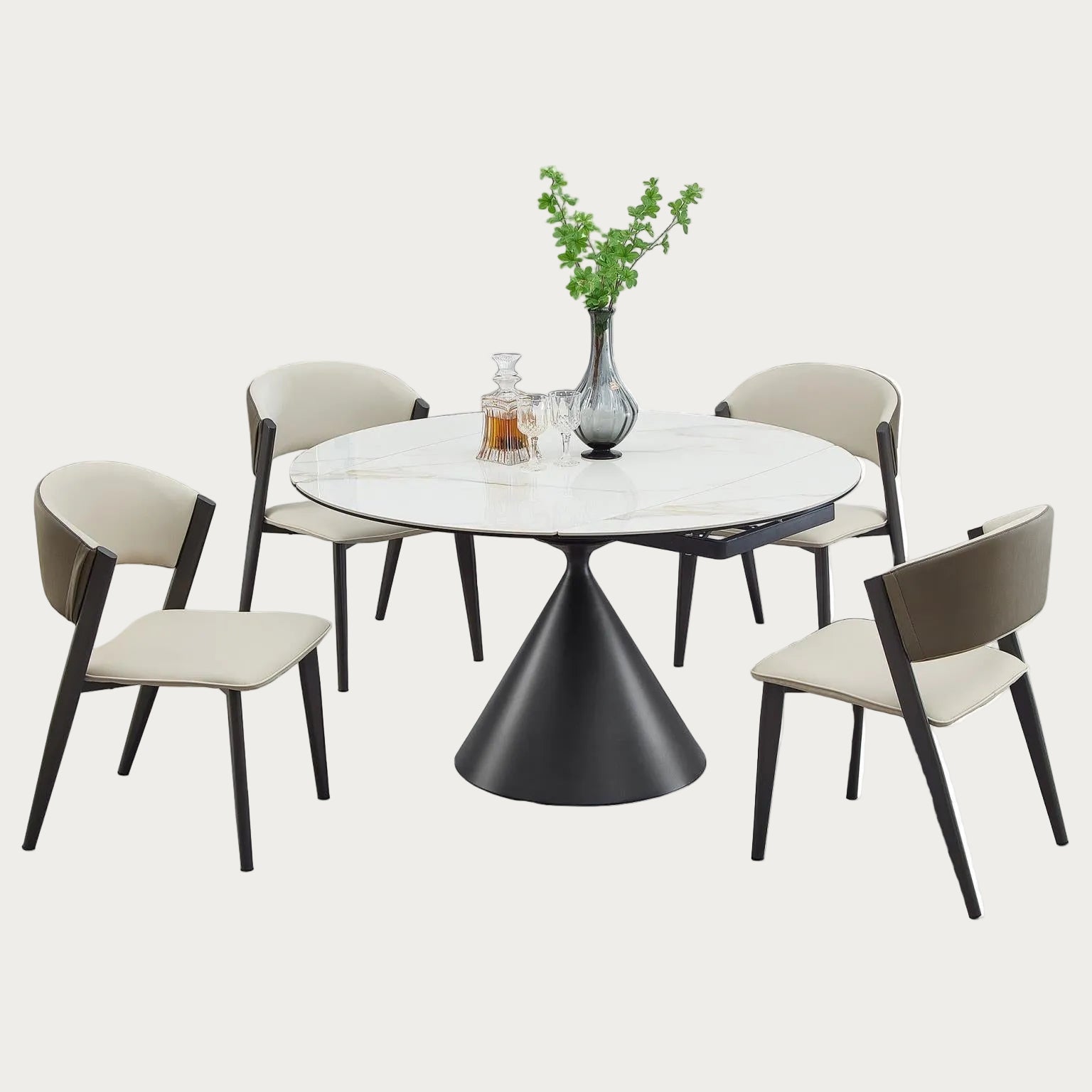 Juniper Modern dining set with round table and chairs.