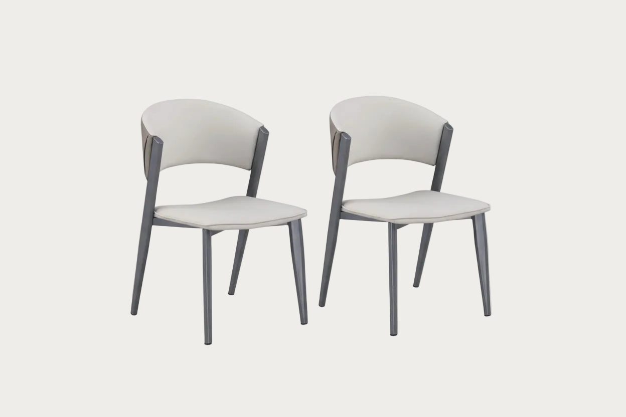 Two modern chairs with gray frames and beige seats on a white background