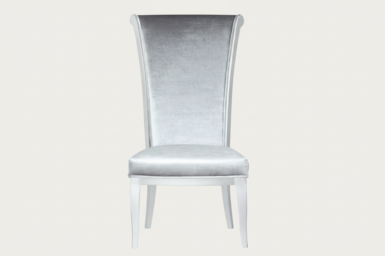 Joy gray fabric chair with white legs on a white background