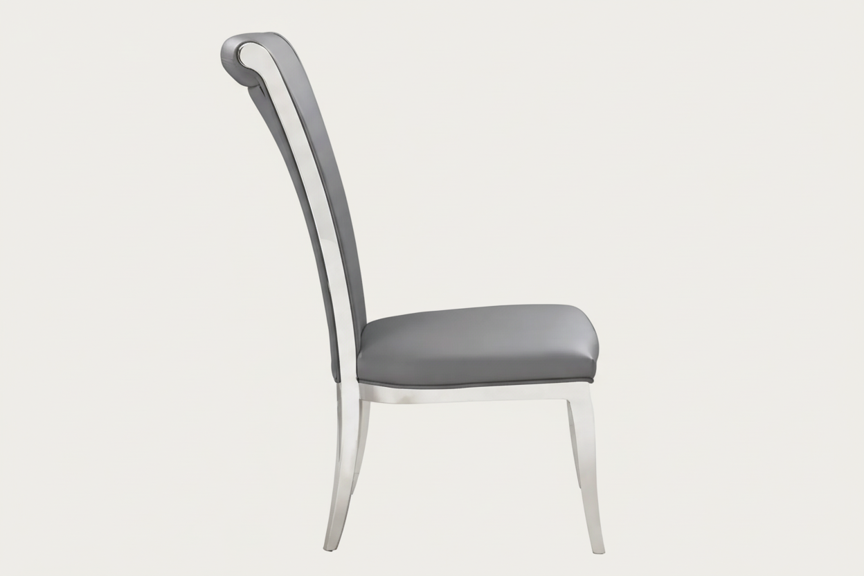 Joy chair with gray cushioned seat and backrest.