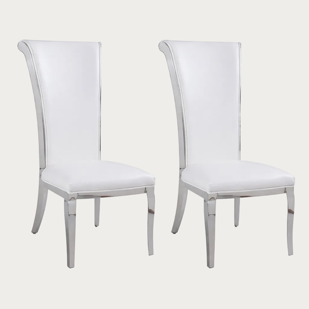 The Joy two white chairs with silver frames