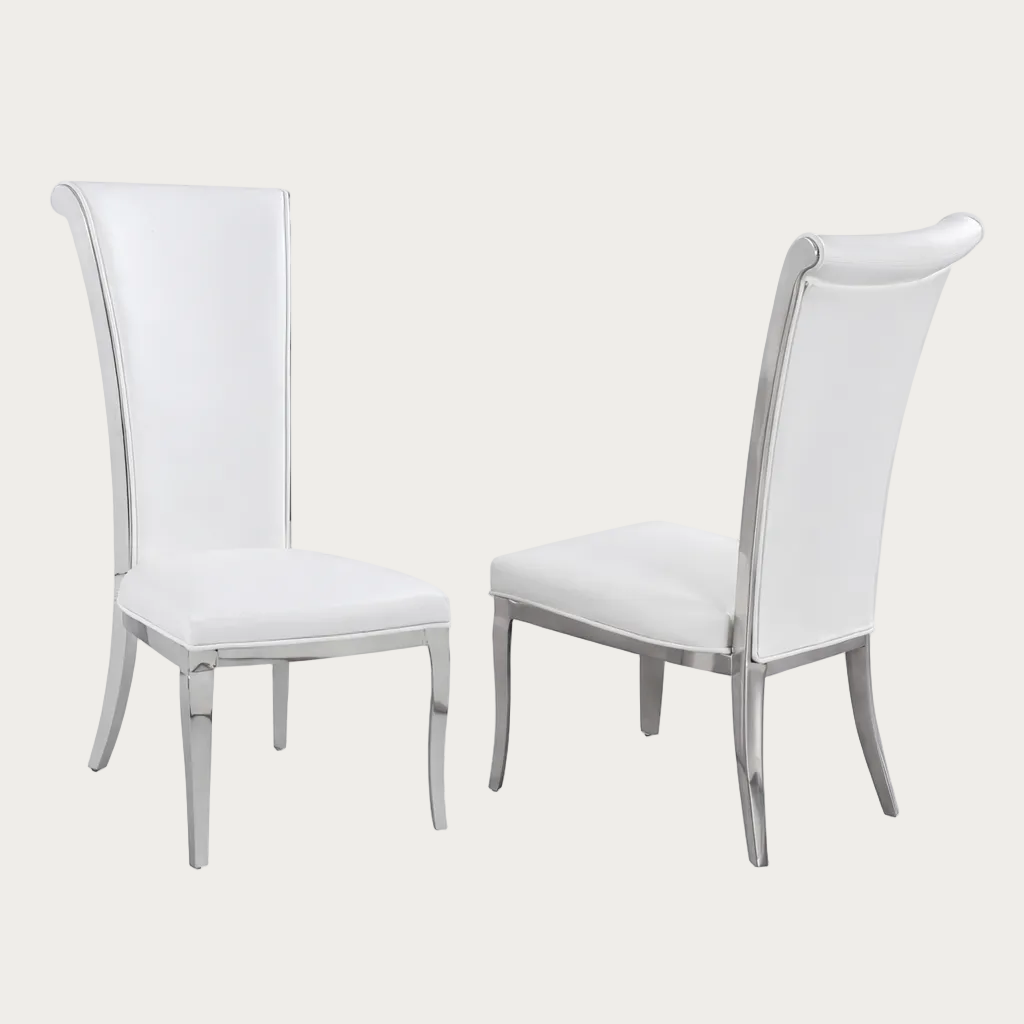 Joy: two white chairs with silver frames on a white background