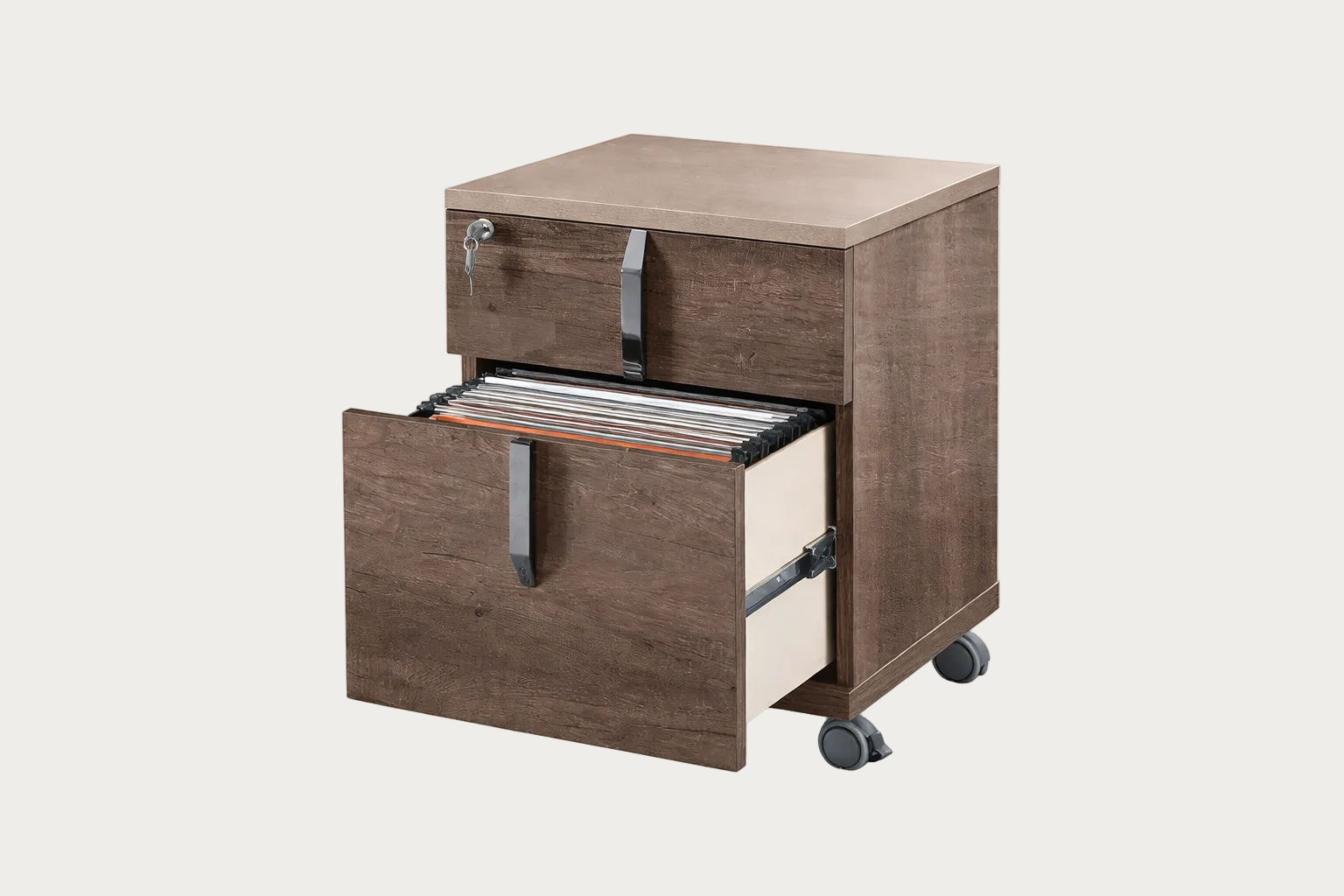 Matera file cabinet with open drawer on a white background.