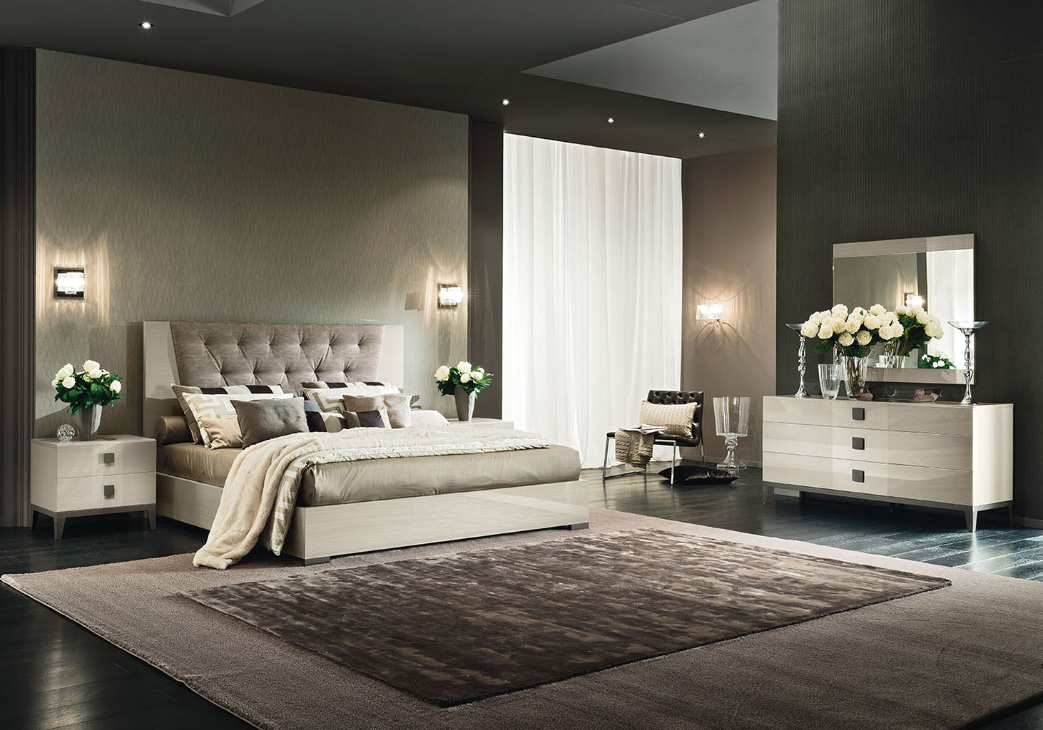 Mont Blanc Modern bedroom set with a gray upholstered bed, nightstands, and a dresser.