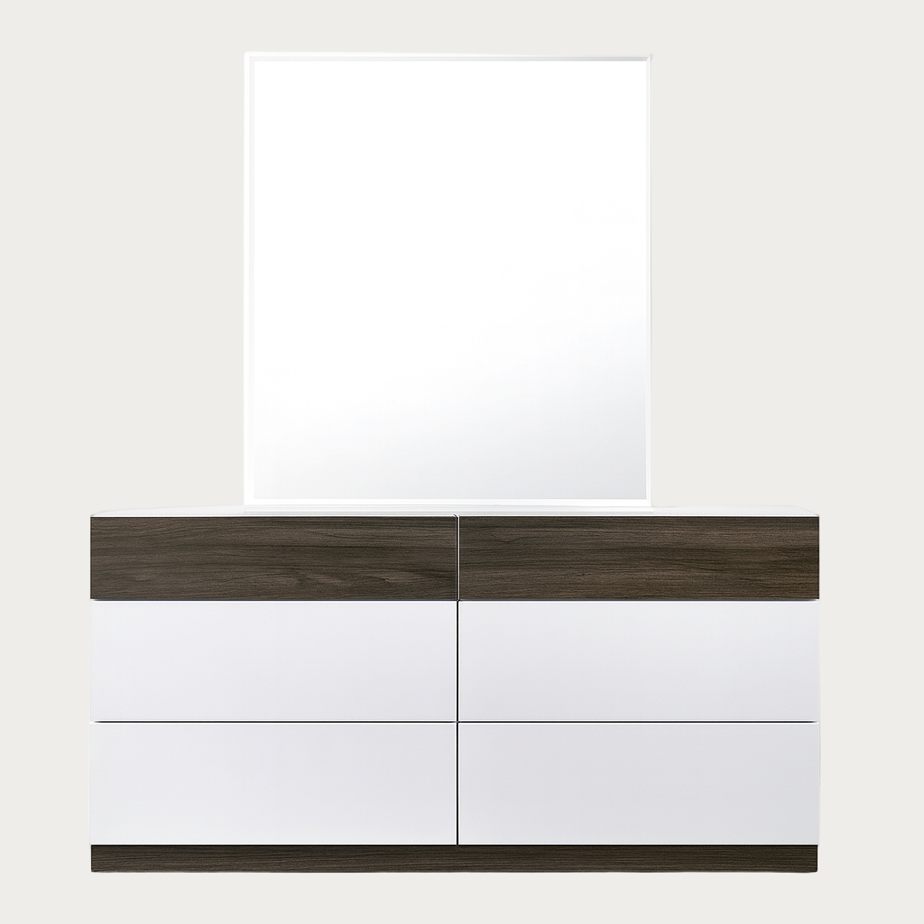 Sanremo white dresser and mirror with dark wood accents 