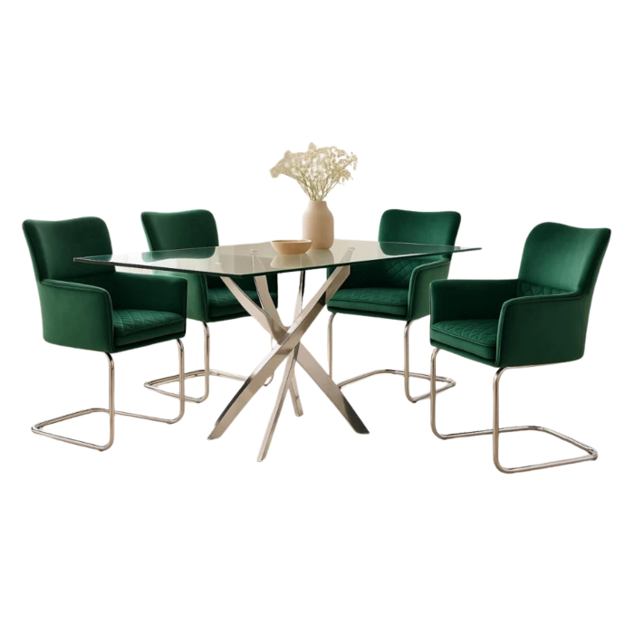 Fabio Dining Table with Glass Top & 4 Upholstered Armchairs