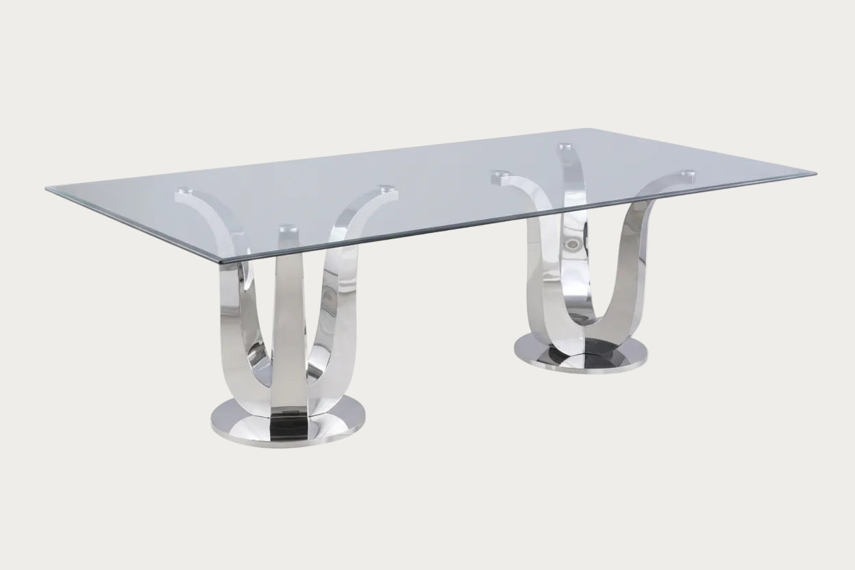 Adelle Glass top dining table with chrome metal legs 