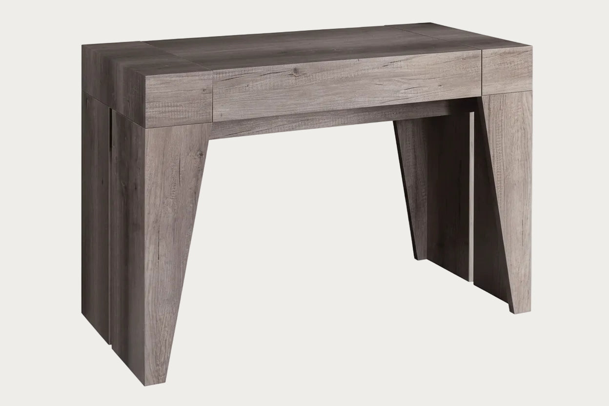 Matera wooden vanity table with a grayish-brown finish on a white background.