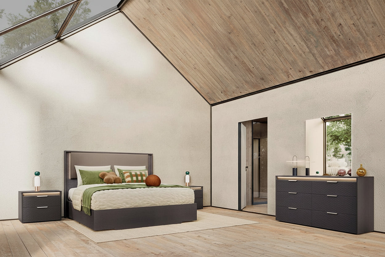 Amy Storage Bedroom Collection with LED Lights & Upholstered Headboard