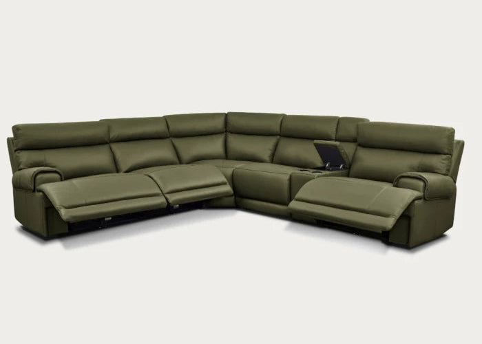 Baron 6-Piece Leather Modular Sectional with Power Recliners, Dark Olive