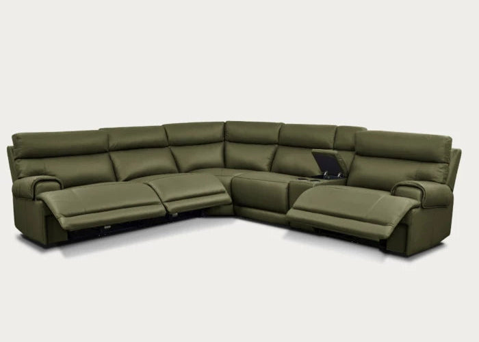 Baron 5-Piece Leather Modular Sectional with Power Recliners, Dark Olive