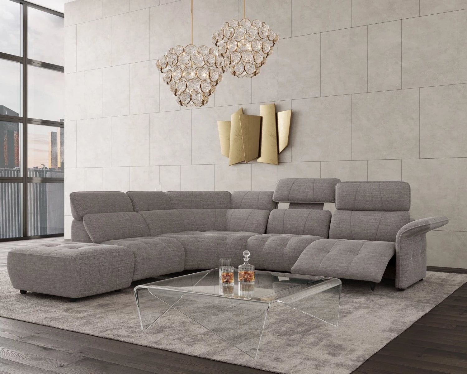 Borg Sectional with Recliners, Right Arm Facing, Light Grey Fabric