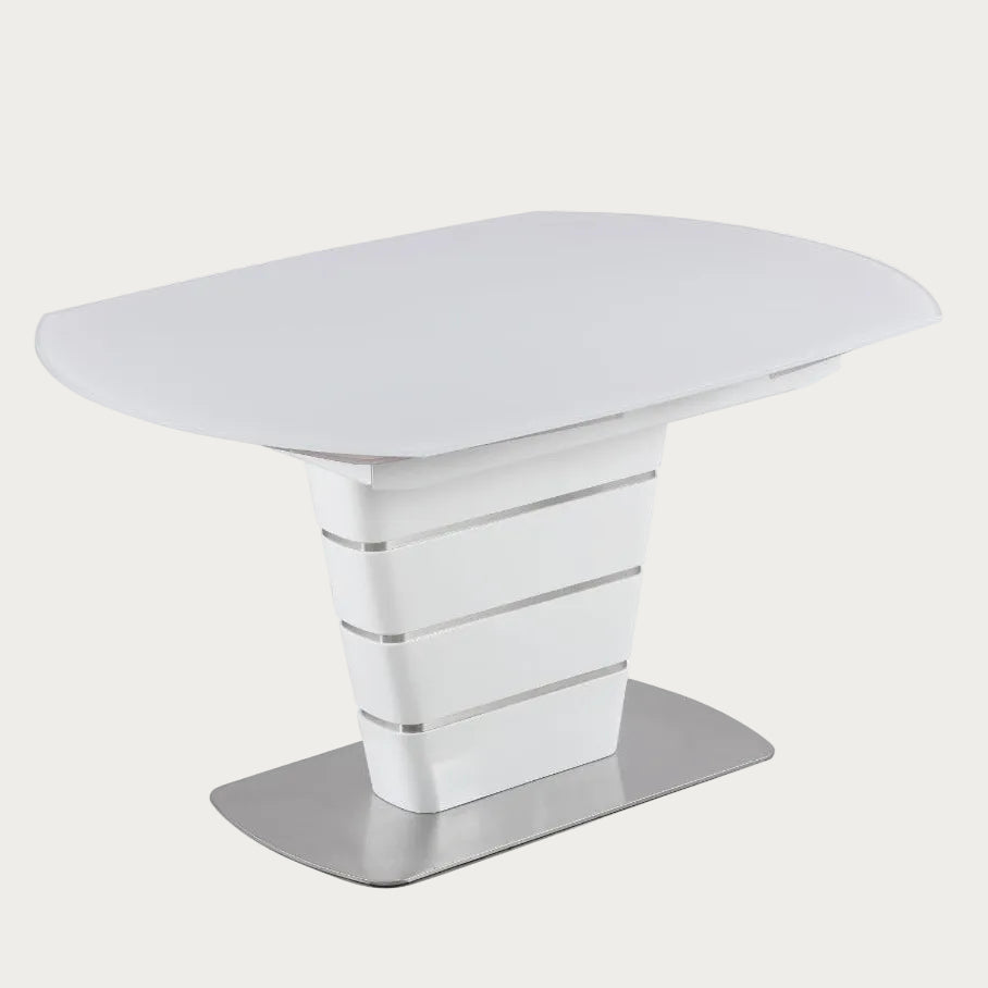 Charlotte white glass table with a modern design on a white background