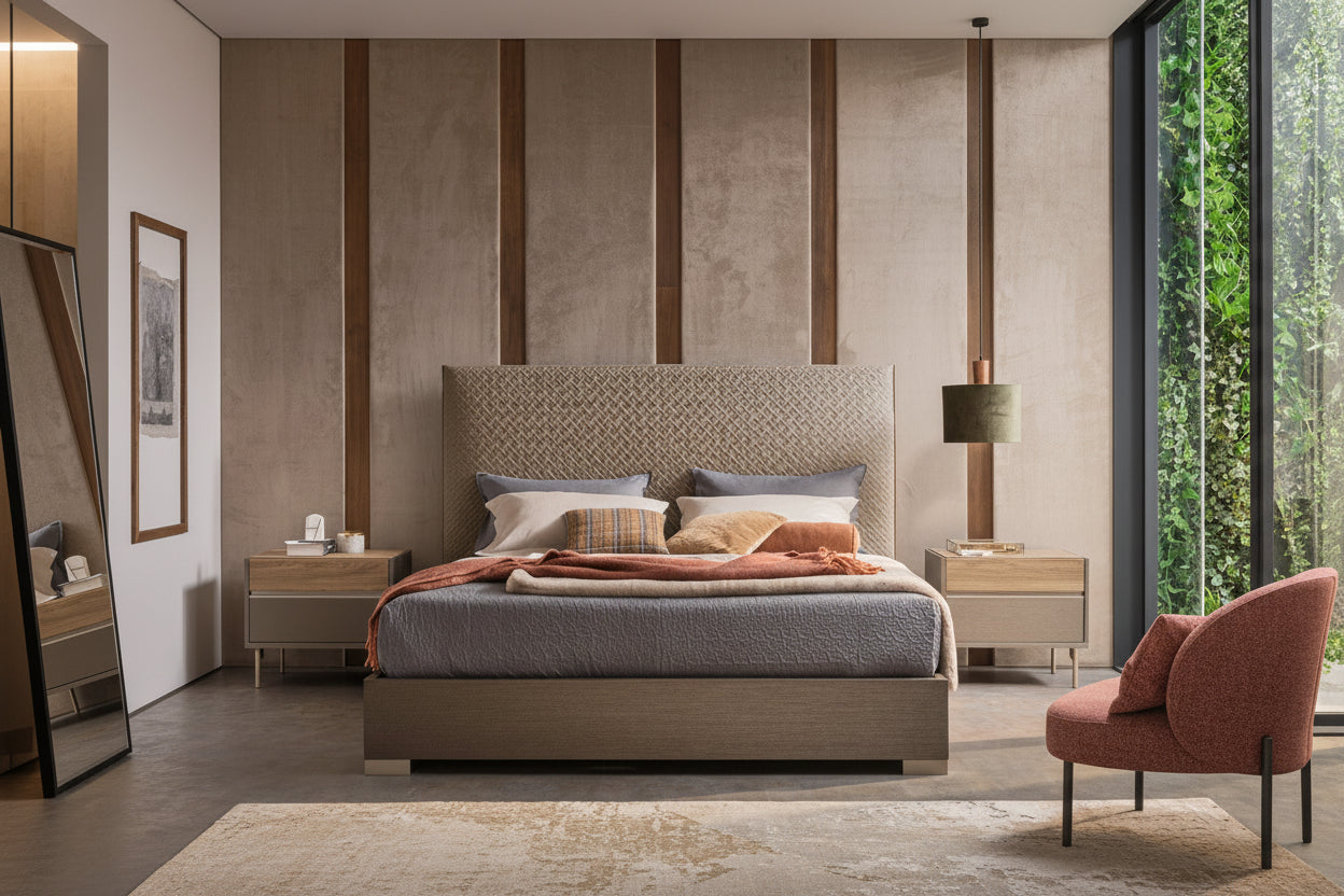 City Life modern bedroom set with a bed, nightstands, and a chair.