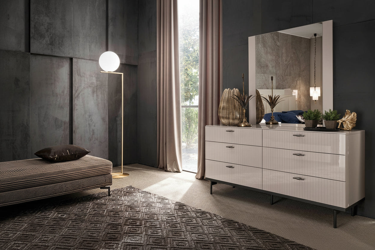 Claire modern dresser, mirror, and decorative items.