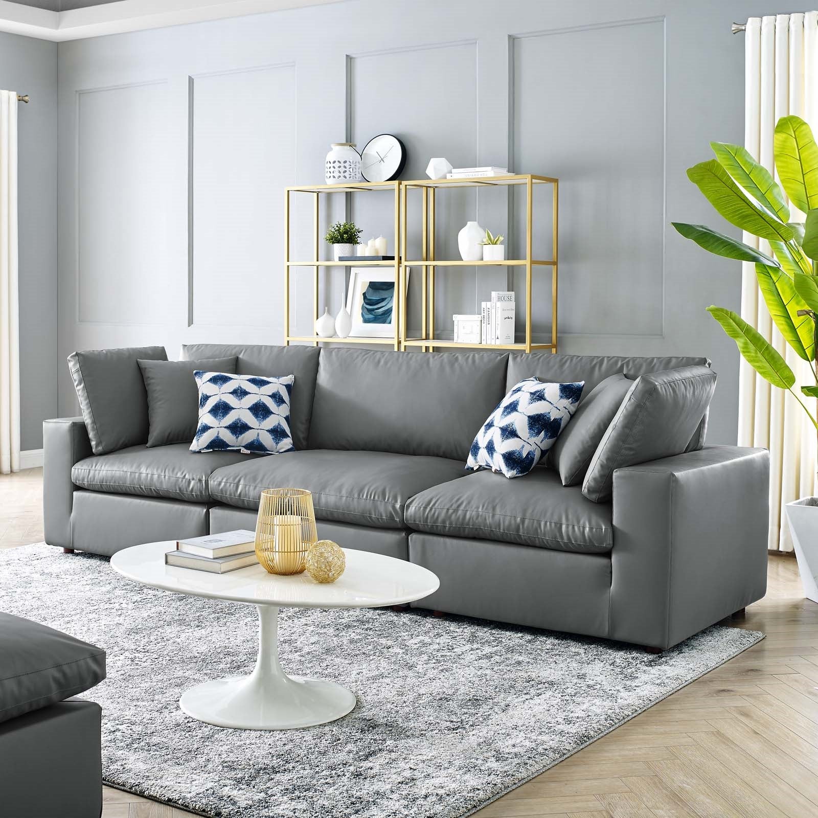 Modway Commix Down Filled Overstuffed Vegan Leather 3-Seater Sofa