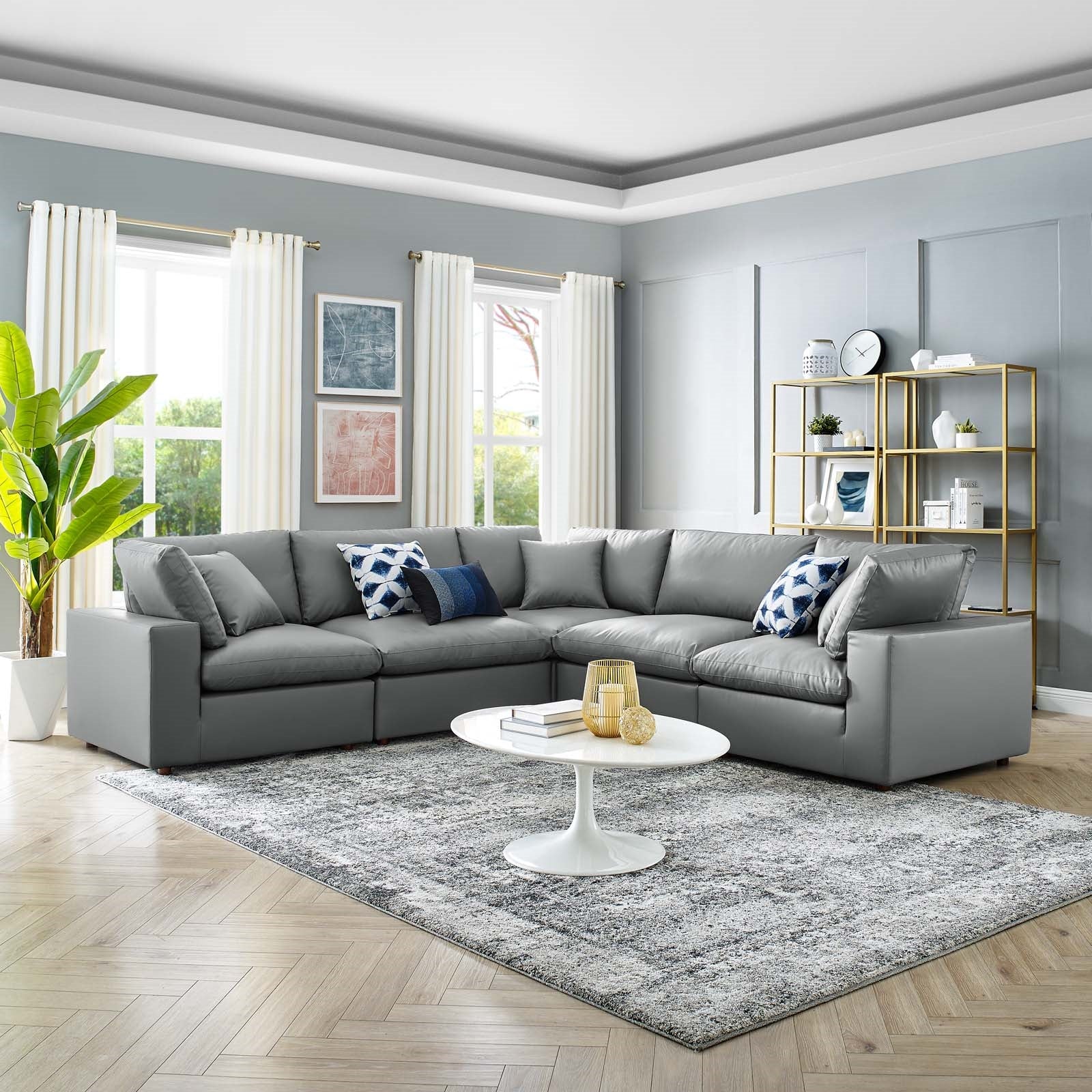 Modway Commix Down Filled Overstuffed Vegan-Leather 5-Piece Sectional Sofa