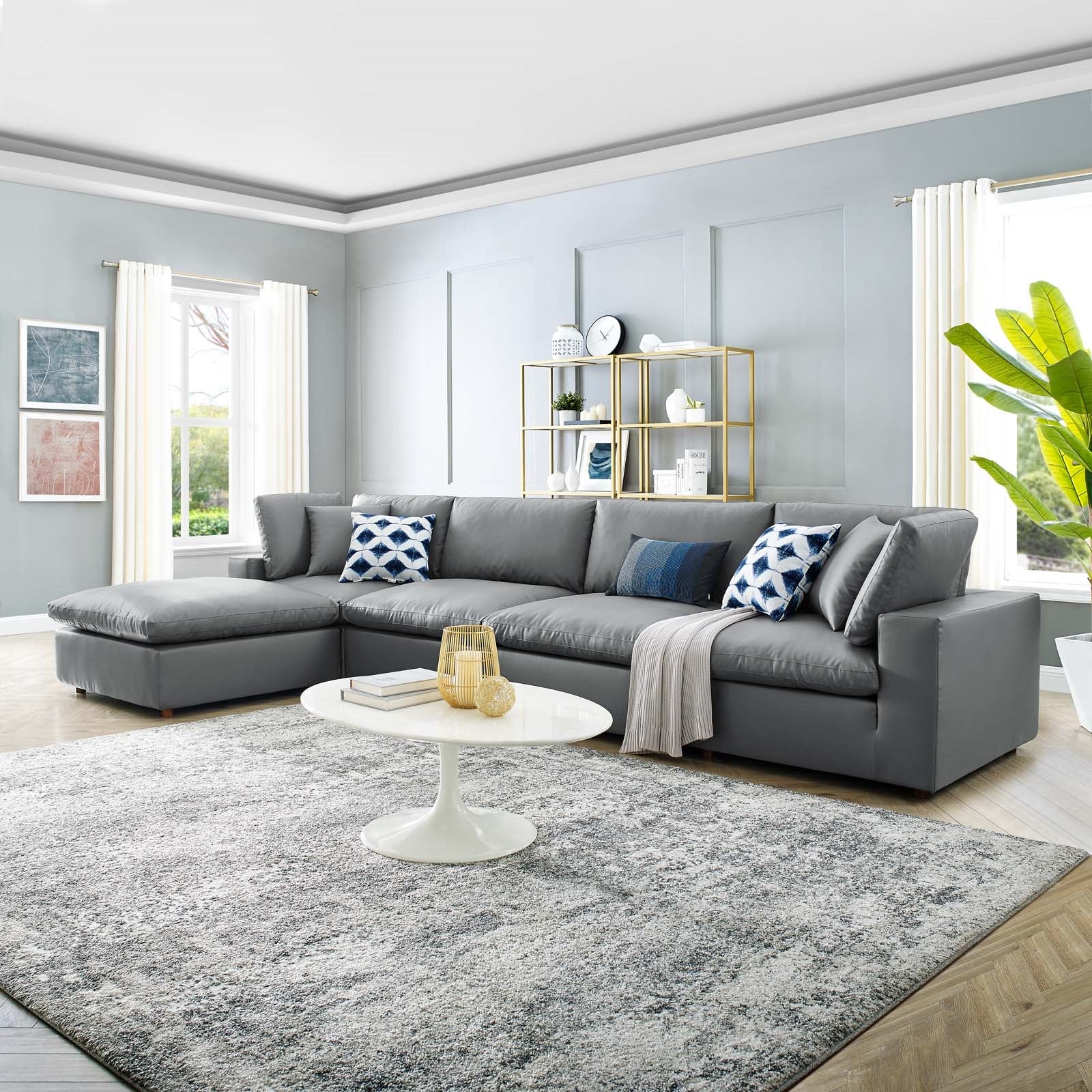 Modway Commix Down Filled Overstuffed Vegan Leather 5Piece Sectional Sofa