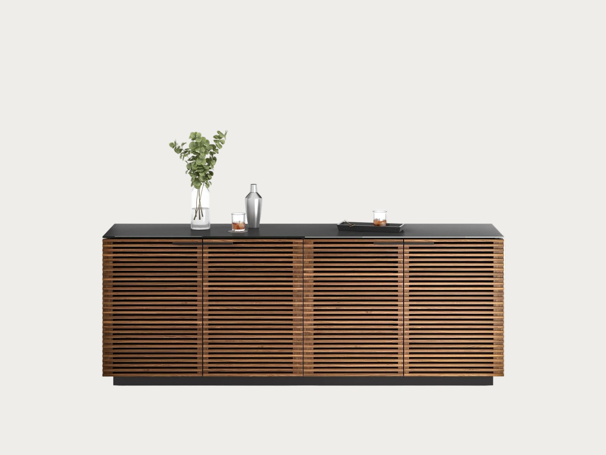 Wooden sideboard with a black top on a white background